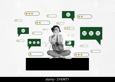 Collage di foto di immagine di schizzo 3D di tendenza composita di due manager di ufficio, una giovane donna di copertina, due stelle, un segno negativo, un feedback antipatico Foto Stock