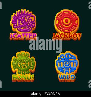 Simboli Maya o Aztec per le risorse di gioco 2D. Simboli dorati Wild, Scatter, Bonus e Jackpot per i tuoi giochi slot Illustrazione Vettoriale