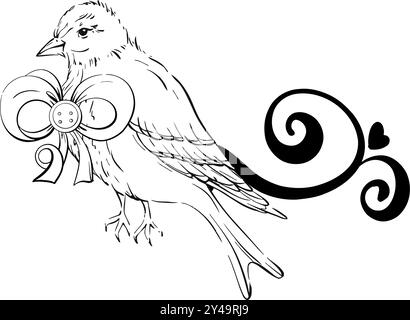 Barba vittoriana e fiocco con nastro, ricci. Per biglietti d'auguri, matrimoni, logo, cartolina, tessuto, stampa. Vecchio stile, stile romantico retrò. Immagine Illustrazione Vettoriale