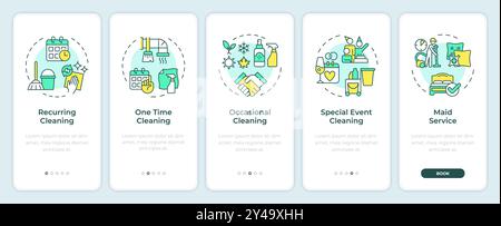 Tipi di servizi di pulizia onboarding schermata app mobile Illustrazione Vettoriale