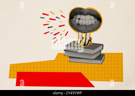 Grafica composita immagine schizzo collage fotografico di caricatura monocromatica signora bocca enormi labbra parlare leader stand pile libro donna gambe scarpe Foto Stock