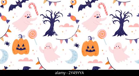 Halloween senza cuciture con zucche e fantasmi carini. Illustrazione vettoriale in stile piatto Illustrazione Vettoriale
