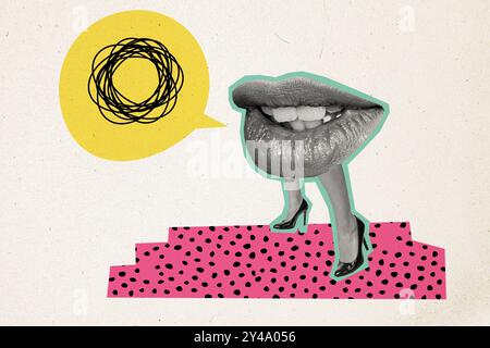 Grafica composita immagine schizzo collage fotografico di silhouette signora enorme bocca stand donna gambe indossare tacchi alti parlare cloud box talk Foto Stock