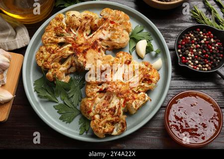 Deliziose bistecche di cavolfiore al forno con salsa e spezie su un tavolo di legno, piatto Foto Stock