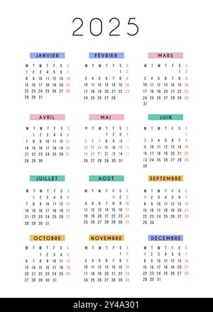 Calendario francese 2025 anno. La settimana del calendario della cancelleria vettoriale inizia lunedì. Organizzatore annuale in colori alla moda. Semplice modello di calendario in minimo Illustrazione Vettoriale