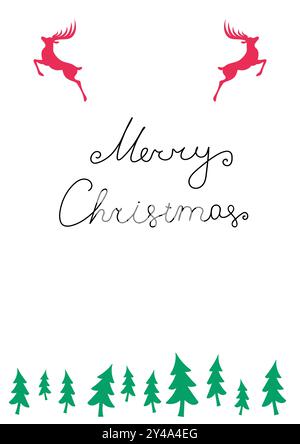 Saluto natalizio scritto a mano su sfondo bianco, con renne e alberi di Natale, con un posto per il testo Illustrazione Vettoriale