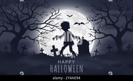 Sfondo di Halloween. Silhouette zombie. Spaventoso cimitero di notte. Illustrazione vettoriale EPS10 Illustrazione Vettoriale