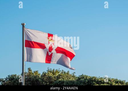 L'Ulster Banner (irlandese: Meirge Uladh), nota anche come Ulster Flag o bandiera dell'Irlanda del Nord, catturata qui volando ad Auckland Foto Stock