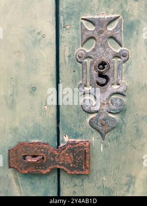 Vecchia chiusa del periodo coloniale. Porta in legno con vernice sbucciante. Paraty, Brasile. Foto Stock