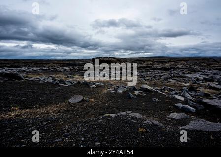 Distese di roccia lavica dai colori nero e rosso intenso nel cratere di vulcan Askja nel parco nazionale Vatnajokull in islanda Foto Stock