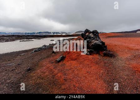 Distese di roccia lavica dai colori nero e rosso intenso nel cratere di vulcan Askja nel parco nazionale Vatnajokull in islanda Foto Stock