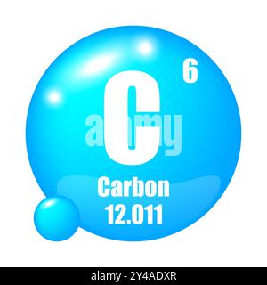 Icona elemento in carbonio. Simbolo blu lucido. Atomico numero sei. Grafico tavola periodica. Illustrazione Vettoriale