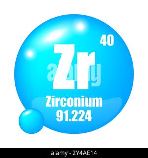 Icona dello zirconio. Elemento chimico ZR. Numero atomico 40. Massa 91.224. Sfera blu. Illustrazione Vettoriale