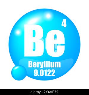Simbolo elemento berillio. Atomico numero quattro. Icona blu lucida. Rappresentazione di elementi chimici. Illustrazione Vettoriale