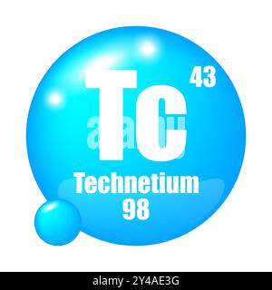 Icona tecnezio. Elemento chimico TC. Numero atomico 43. Massa 98. Sfera blu. Illustrazione Vettoriale