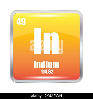 Icona Indio. In elemento chimico. Numero atomico 49. Massa 114.82. Immagine quadrata gialla. Simbolo vettoriale. Illustrazione Vettoriale