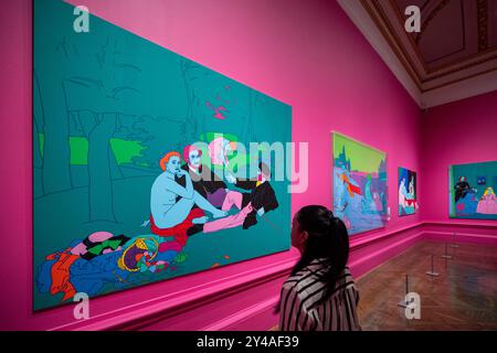 Londra, Regno Unito. 17 settembre 2024. (L) 'Manet's Déjeuner sur l'herbe, 2023, in anteprima della prima mostra personale dell'artista Michael Craig-Martin RA alla Royal Academy of Arts I suoi caratteristici grandi dipinti dai colori vivaci di oggetti di uso quotidiano, accanto a scultura, pittura e disegno, nonché drammatiche installazioni site-specific e una nuova opera digitale immersiva sono tra le oltre 120 opere dagli anni '1960 ai giorni nostri esposte dal 21 settembre al 10 dicembre 2024. Crediti: Stephen Chung / Alamy Live News Foto Stock