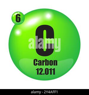 Icona elemento in carbonio. Sfera verde lucida. Simbolo chimico C. numero atomico sei. Illustrazione Vettoriale