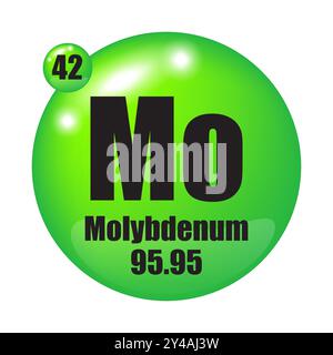 Icona molibdeno. Mo elemento chimico. Numero atomico 42. Massa 95.95. Immagine sfera verde. Simbolo vettoriale. Illustrazione Vettoriale