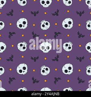 Motivo senza cuciture con graziosi teschi di Halloween disegnati a mano Illustrazione Vettoriale