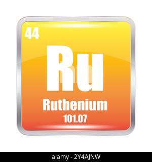 Icona rutenio. Elemento chimico RU. Numero atomico 44. Massa 101.07. Quadrato giallo. Illustrazione Vettoriale