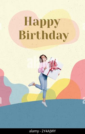 Collage fotografico di tendenza grafica schizzo composito immagine di auguri di buon compleanno giovane donna confezione regalo a mano per festeggiare le vacanze Foto Stock