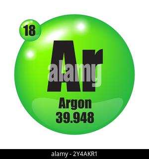Icona elemento argon. Simbolo AR in primo piano. Numero atomico 18. Massa 39.948. Illustrazione Vettoriale