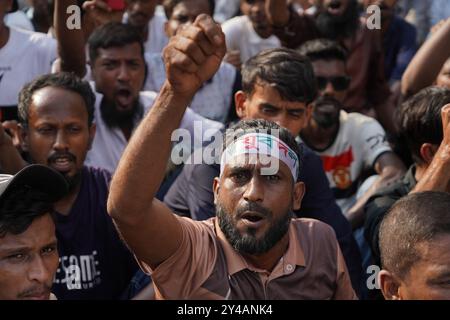 Dacca, Dacca, Bangladesh. 17 settembre 2024. Il 17 settembre 2024, nel Nayapaltan di Dacca, il Partito nazionalista del Bangladesh (BNP) ha organizzato una massiccia manifestazione in occasione della giornata internazionale della democrazia. Durante questo evento, una grande folla si riunì, e gli slogan che portavano i nomi del presidente del BNP Khaleda Zia e del segretario generale Tarique Rahman furono esposti in modo prominente. Crediti: ZUMA Press, Inc./Alamy Live News Foto Stock