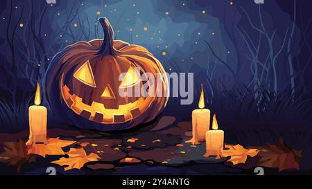 Buon Halloween, dettagliata zucca intagliata con candele e foglie autunnali Illustrazione Vettoriale