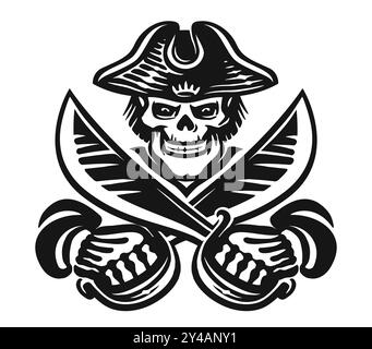 Teschio di pirati marini con sciabole incrociate in mano. Scheletro del male disegnato a mano, illustrazione vettoriale in bianco e nero Illustrazione Vettoriale