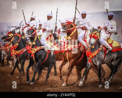 Nel cuore del Marocco, Fantasia brilla per i suoi colori vivaci e il suo potente display. Maestosi cavalli e cavalieri valorosi, avvolti da abiti vivaci, Foto Stock