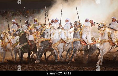 Nel cuore del Marocco, Fantasia brilla per i suoi colori vivaci e il suo potente display. Maestosi cavalli e cavalieri valorosi, avvolti da abiti vivaci, Foto Stock