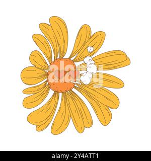 Fiore giallo con cuori carini negli occhi che fumano l'illustrazione vettoriale di sigarette Illustrazione Vettoriale