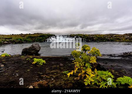 Fiume Jokulsa a Fjollum con cascata vicino al vulcano Askja in Islanda vicino a Hringvegur Foto Stock