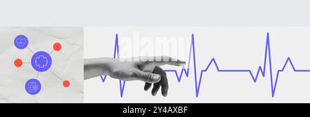 Banner. Collage d'arte contemporanea. La mano dell'uomo, dottore, cerca di correggere l'elettrocardiogramma. Diagramma nelle vicinanze con simboli e icone mediche Foto Stock