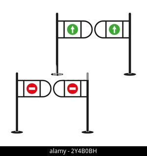 Set di icone tornello. Freccia verde e segnali di divieto di accesso rossi. Cancelli di ingresso e uscita. Progettazione vettoriale. Illustrazione Vettoriale