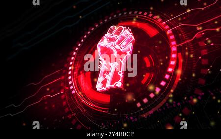 Libertà combattete la rivoluzione con il concetto digitale a forma di pugno. Illustrazione 3d astratta di rete, tecnologia informatica e background del computer. Foto Stock