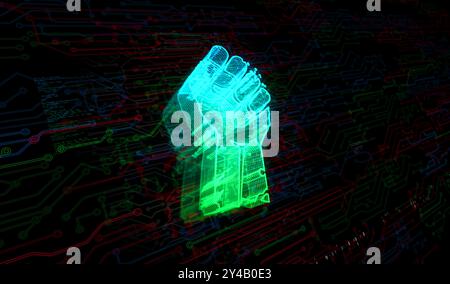 Libertà combattete la rivoluzione con il concetto digitale a forma di pugno. Illustrazione 3d astratta di rete, tecnologia informatica e background del computer. Foto Stock