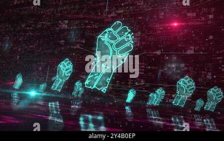 Libertà combattete la rivoluzione con il concetto digitale a forma di pugno. Illustrazione 3d astratta di rete, tecnologia informatica e background del computer. Foto Stock