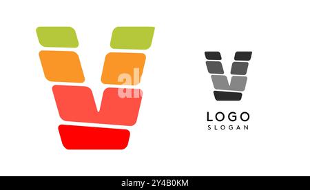 La lettera V, colorata e luminosa, crea blocchi a strati come sandwich, bilanciamento della pietra o impilamento di rocce. Moderno monogramma a cartoni animati per libro gioioso per bambini, logo dei giocattoli a blocchi Illustrazione Vettoriale