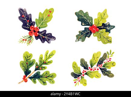 Set di arrangiamenti per bouquet di acquerelli natalizi e foglie verdi. Elemento ad acquerello dipinto a mano adatto per feste natalizie decorative, novità Illustrazione Vettoriale