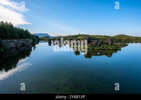 Lago vulcanico Myvatn con riflessi e isole, prati verdi e cieli blu nel nord dell'Islanda Foto Stock