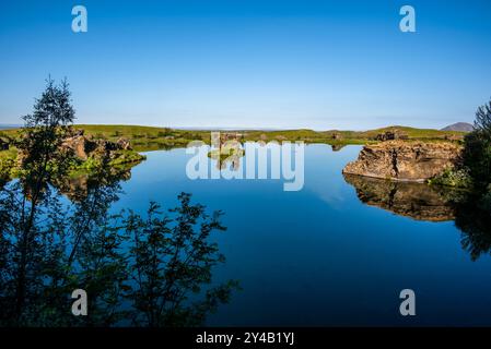 Lago vulcanico Myvatn con riflessi e isole, prati verdi e cieli blu nel nord dell'Islanda Foto Stock