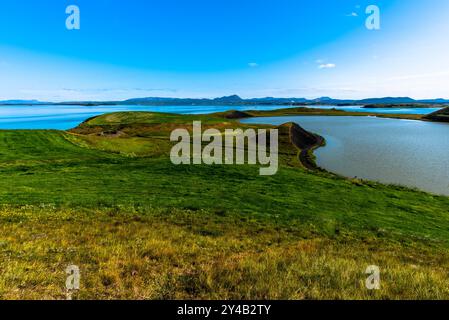 Lago vulcanico Myvatn con riflessi e isole, prati verdi e cieli blu nel nord dell'Islanda Foto Stock