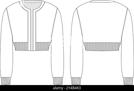 Giacca Cardigan corta a manica lunga a coste girocollo disegno tecnico, disegno piatto Illustrazione Vettoriale