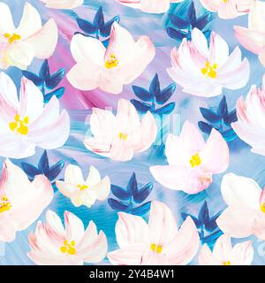Motivo senza cuciture di fiori bianchi astratti. Originale disegnato a mano, stile impressionista, pittura d'arte, sfondo creativo dipinto a mano, texture pennello, a. Foto Stock
