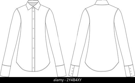 Manica lunga con bottoni e colletto, camicia, top tunic disegno tecnico, piatto, schizzo, Moda, modello, donna Illustrazione Vettoriale
