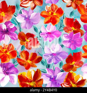 Motivo senza cuciture di fiori astratti rossi e rosa, originale disegnato a mano, stile impressionista, texture cromatica, pennellate di pittura, sfondo artistico. Foto Stock