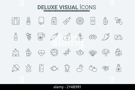 Ricette online per alimenti e bevande per applicazioni mobili, spezie per cucinare ed elettrodomestici da cucina simboli sottili di contorno neri illustrazione vettoriale. Set di icone della linea dieta e nutrizione sana. Illustrazione Vettoriale