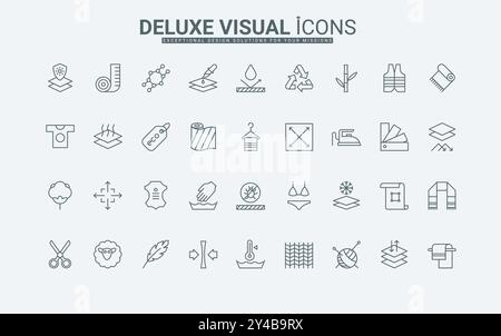 Tessuto sintetico e lana, pelle e cotone per indumenti, materiale traspirante, protezione impermeabile e termica sottile contorno nero e rosso illustrazione vettoriale del simbolo. Set di icone della linea della funzione di tessuto Illustrazione Vettoriale